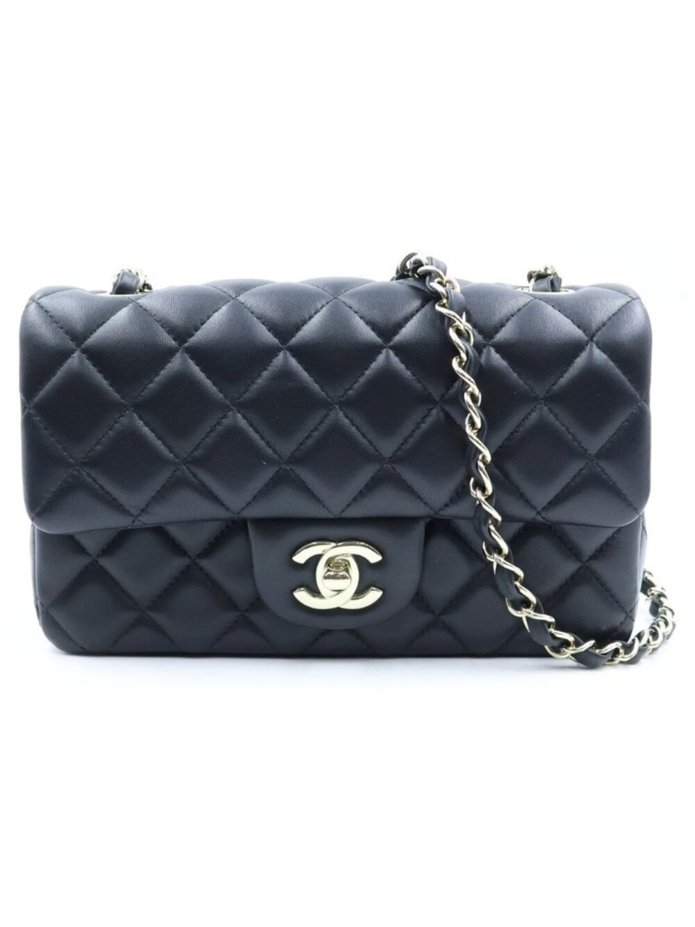 Chanel Mini Quilted 20 Chain Shoulder Bag Single Flap Black Lambskin Gold Plate